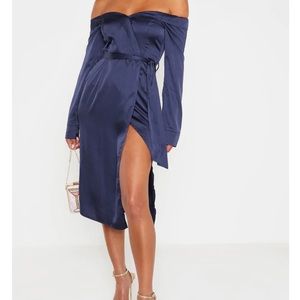 navy satin bardot lapel detail midi dress